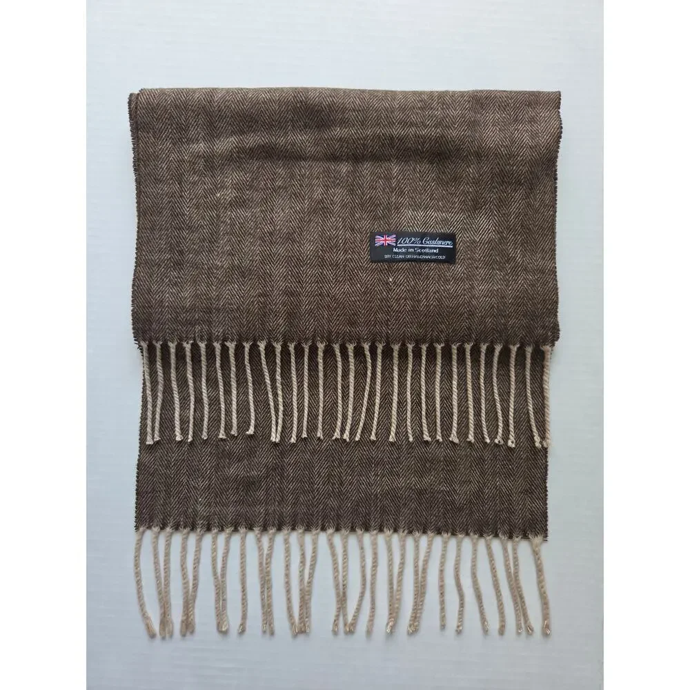 100% Cashmere Herringbone Scarf Brown Made in Scotland 67” Classic Fringe